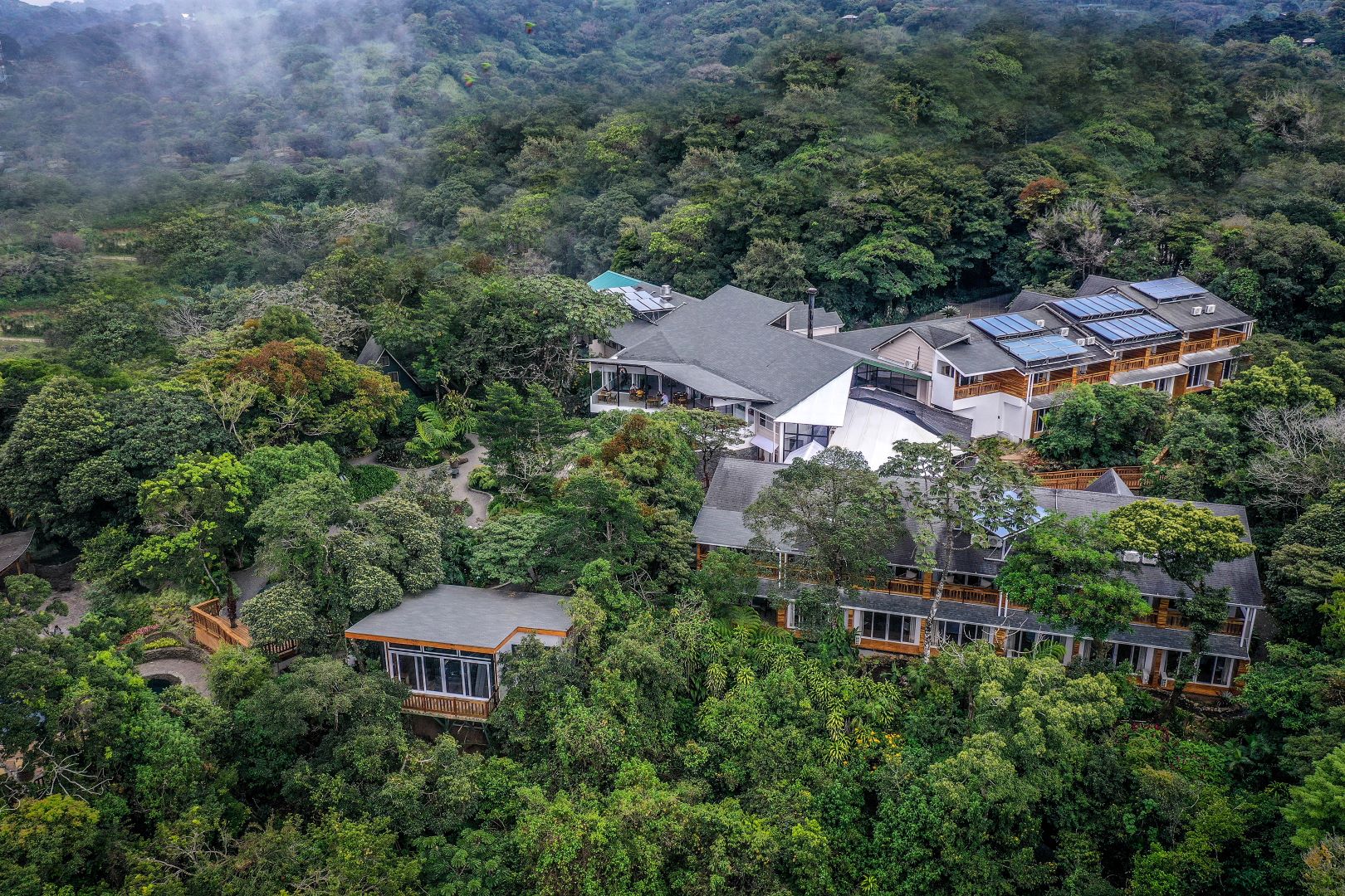 Aerial of Monteverde Lodge nestled in cloud forest