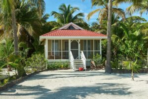 Turneffe Island Resort beachfront cabanas with palm trees and turquoise water